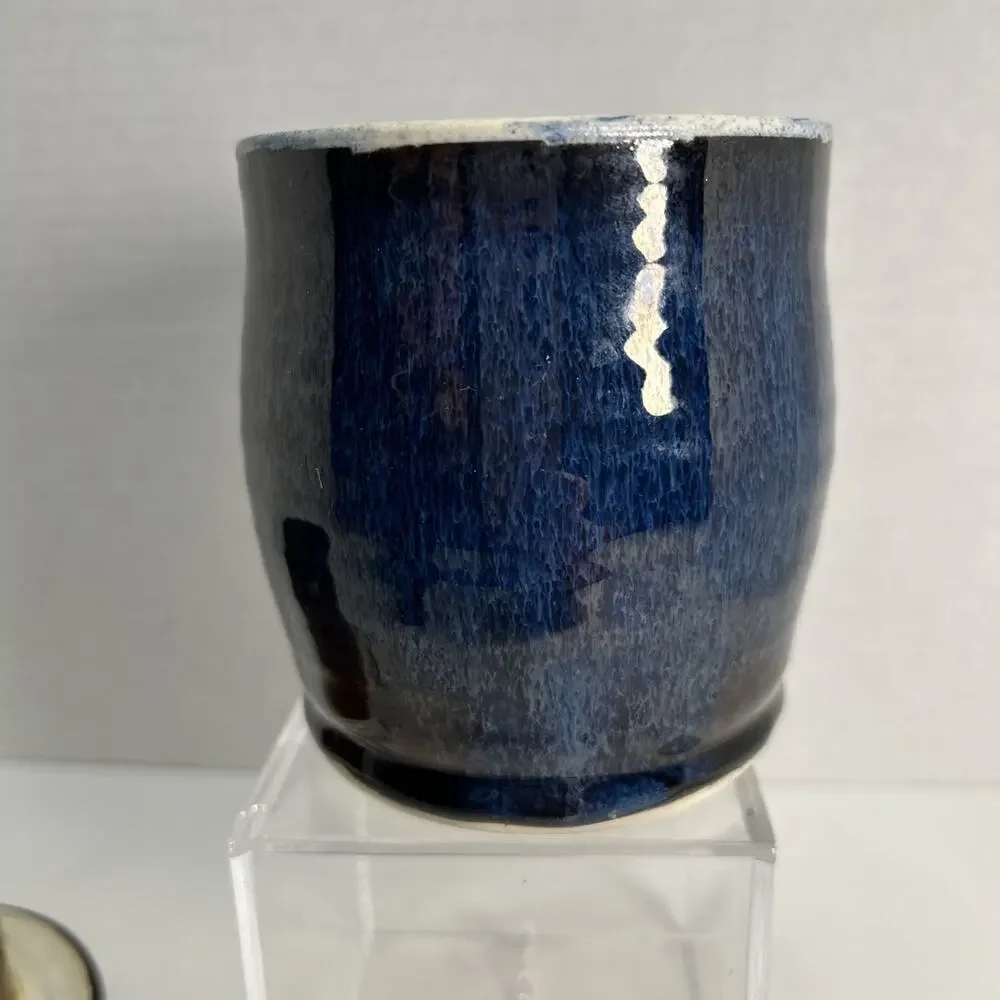 Studio Pottery Artisan French Style Butter Bell Crock Blue Drip Glaze Signed